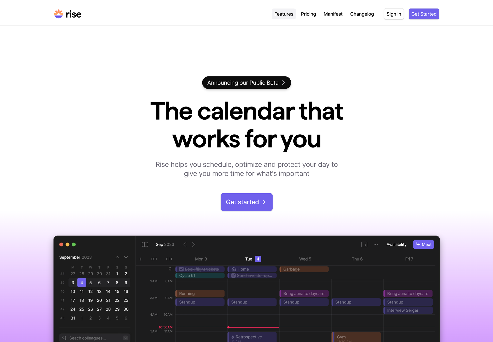 Screenshot of risecalendar.com hero section on its website