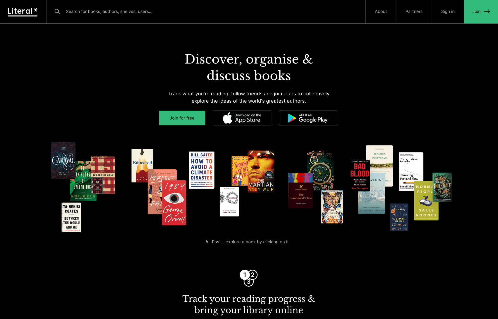 Screenshot of literal.club homepage header section