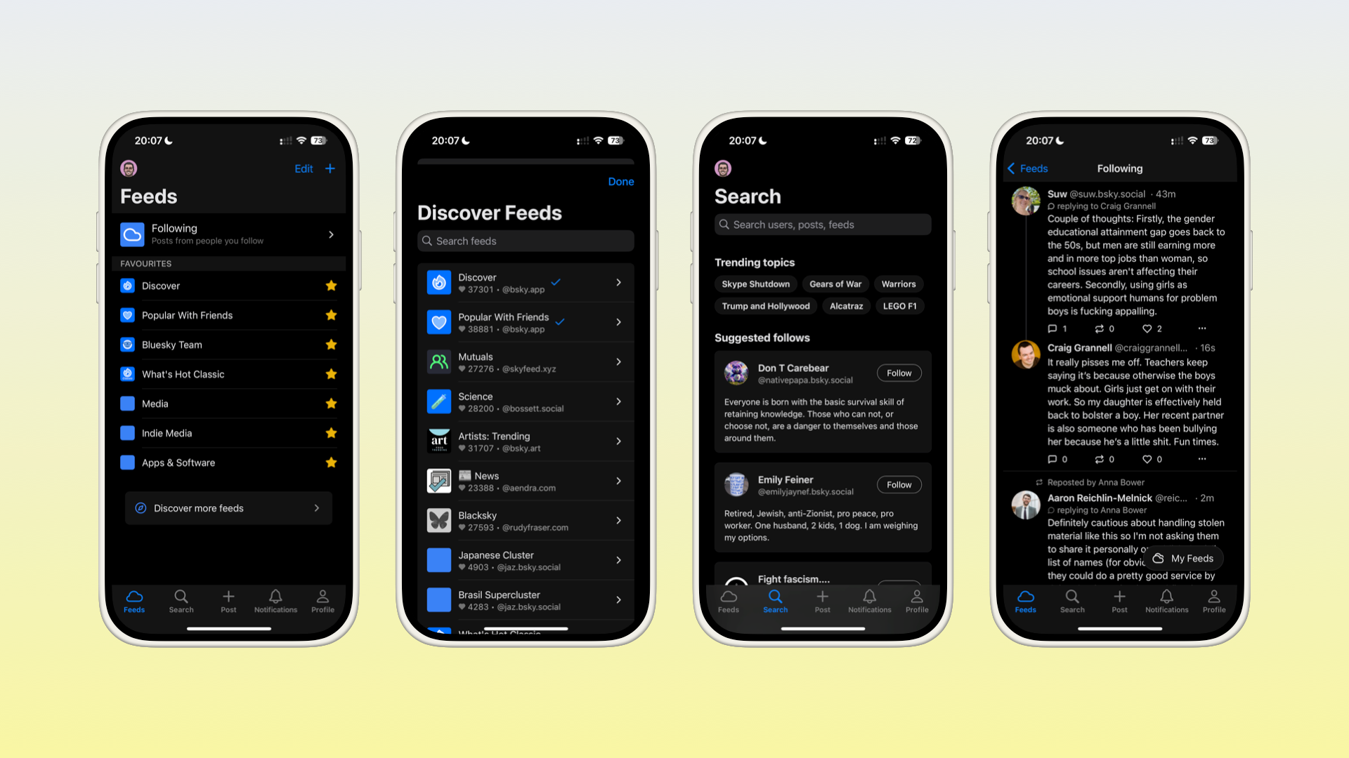 Four iOS device mockups containing screenshots of Graysky for Bluesky iOS