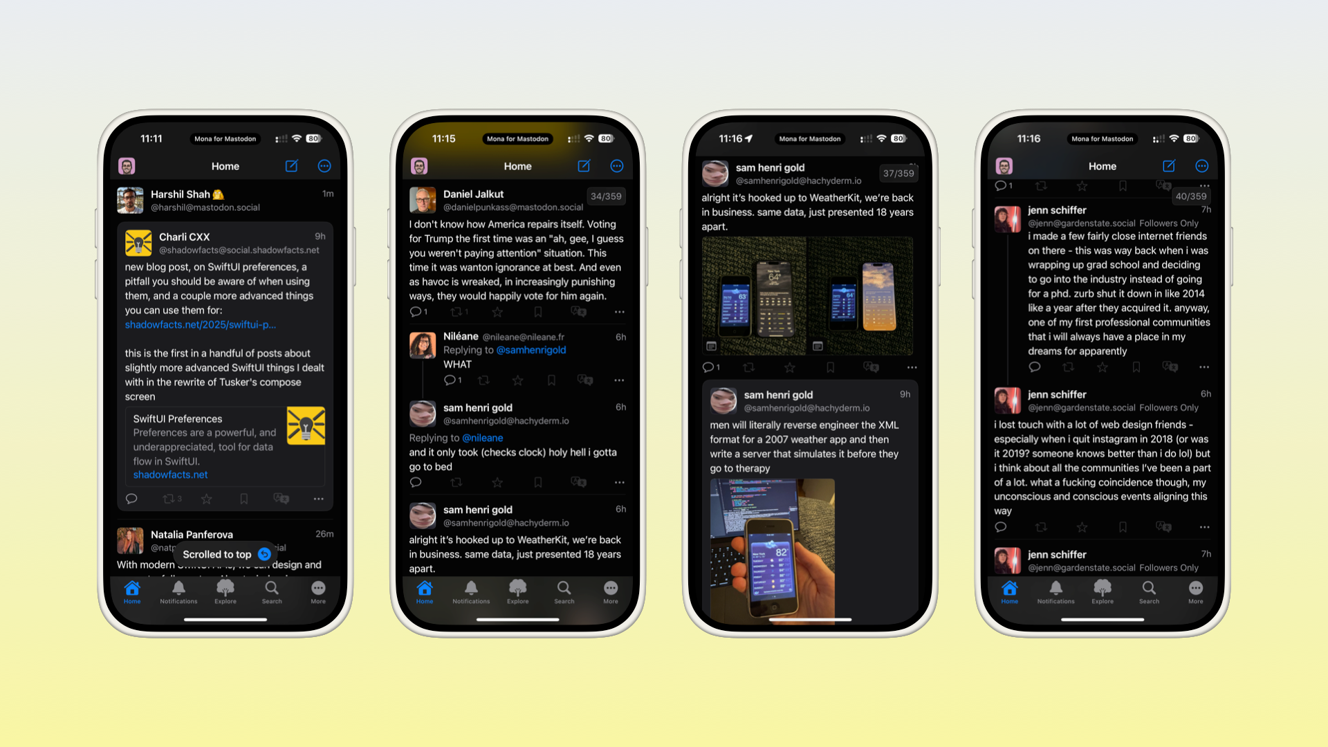 Four iOS device mockups containing screenshots of Mona for Mastodon iOS