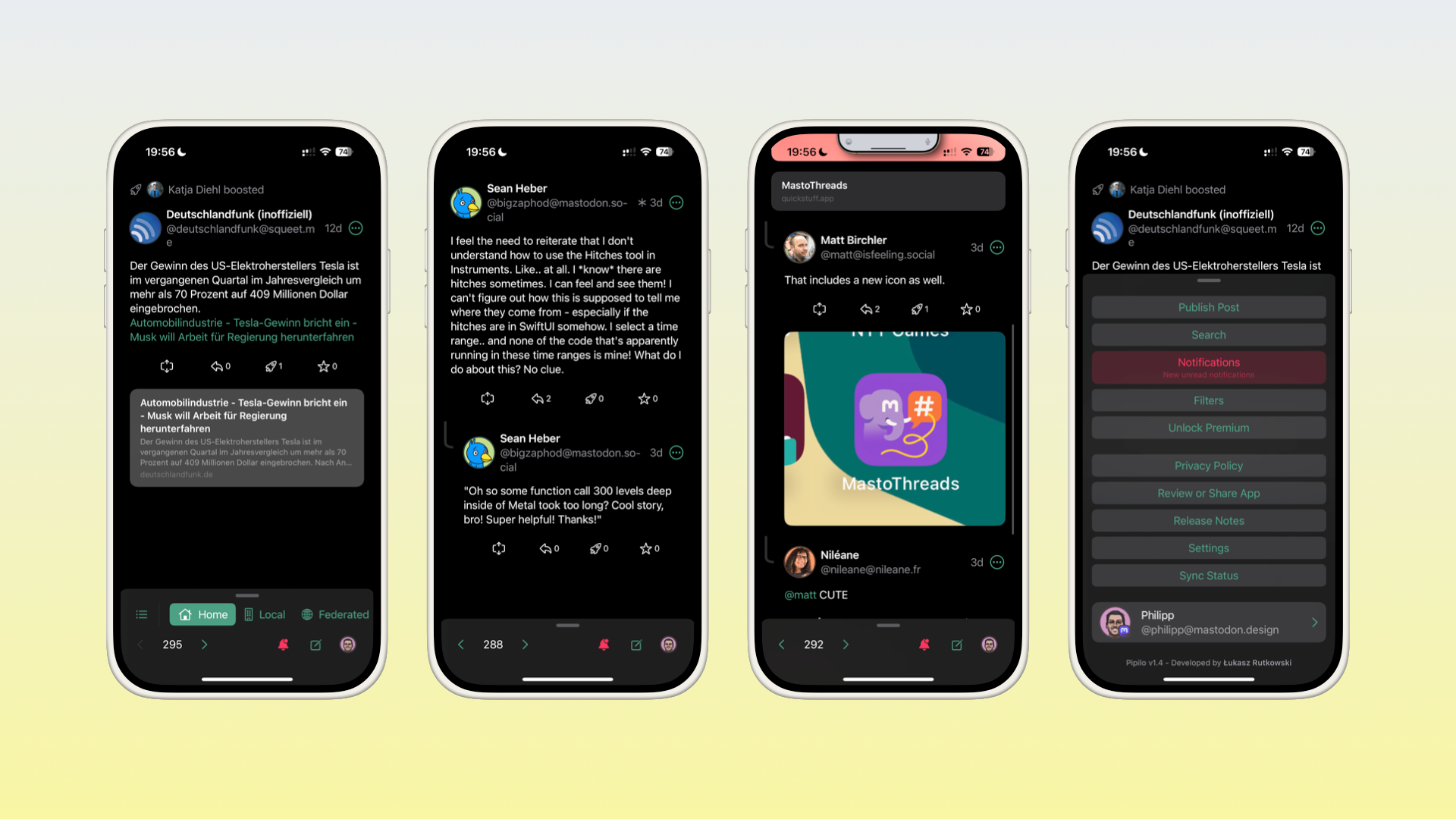 Four iOS device mockups containing screenshots of Pipilo iOS
