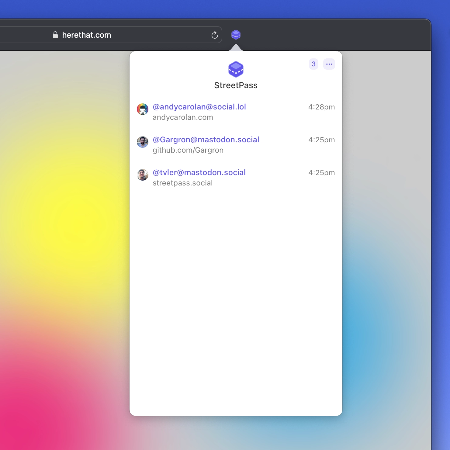 A screenshot showing the StreetPass browser extension UI