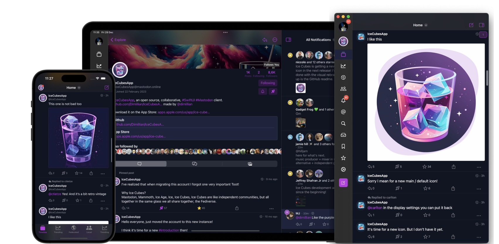 An image showing Ice Cubes app interface on an iPhone, a MacBook, and for iPadOS