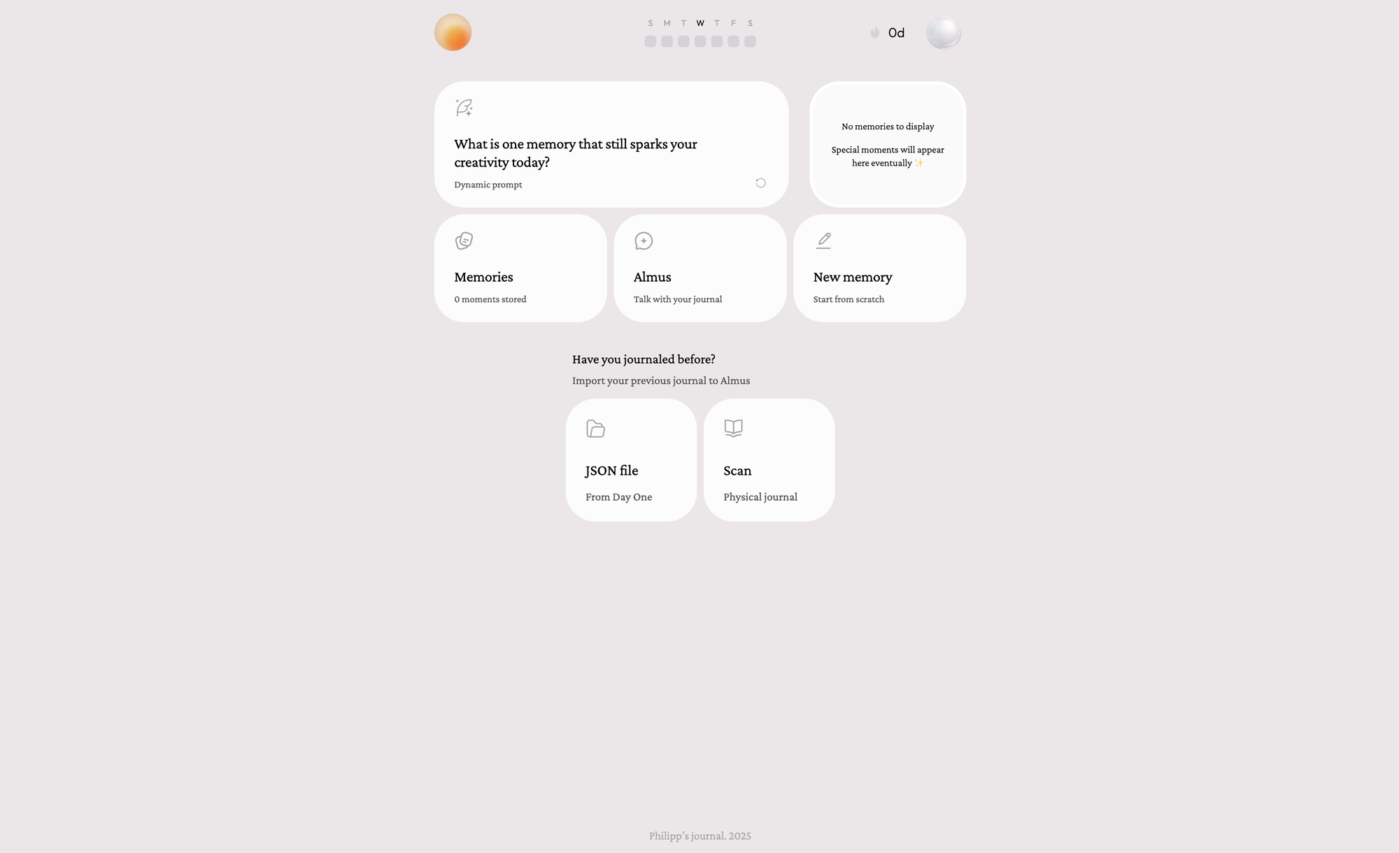 Screenshot of the Almus journaling app interface, showing a prompt asking 'What is one memory that still sparks your creativity today?' At the top, there is a weather indicator and the days of the week. Below the prompt, there are options for Memories, Almus, and New Memory, as well as a section for importing previous journals via JSON file or scanning a physical journal. The interface indicates no memories are stored yet.