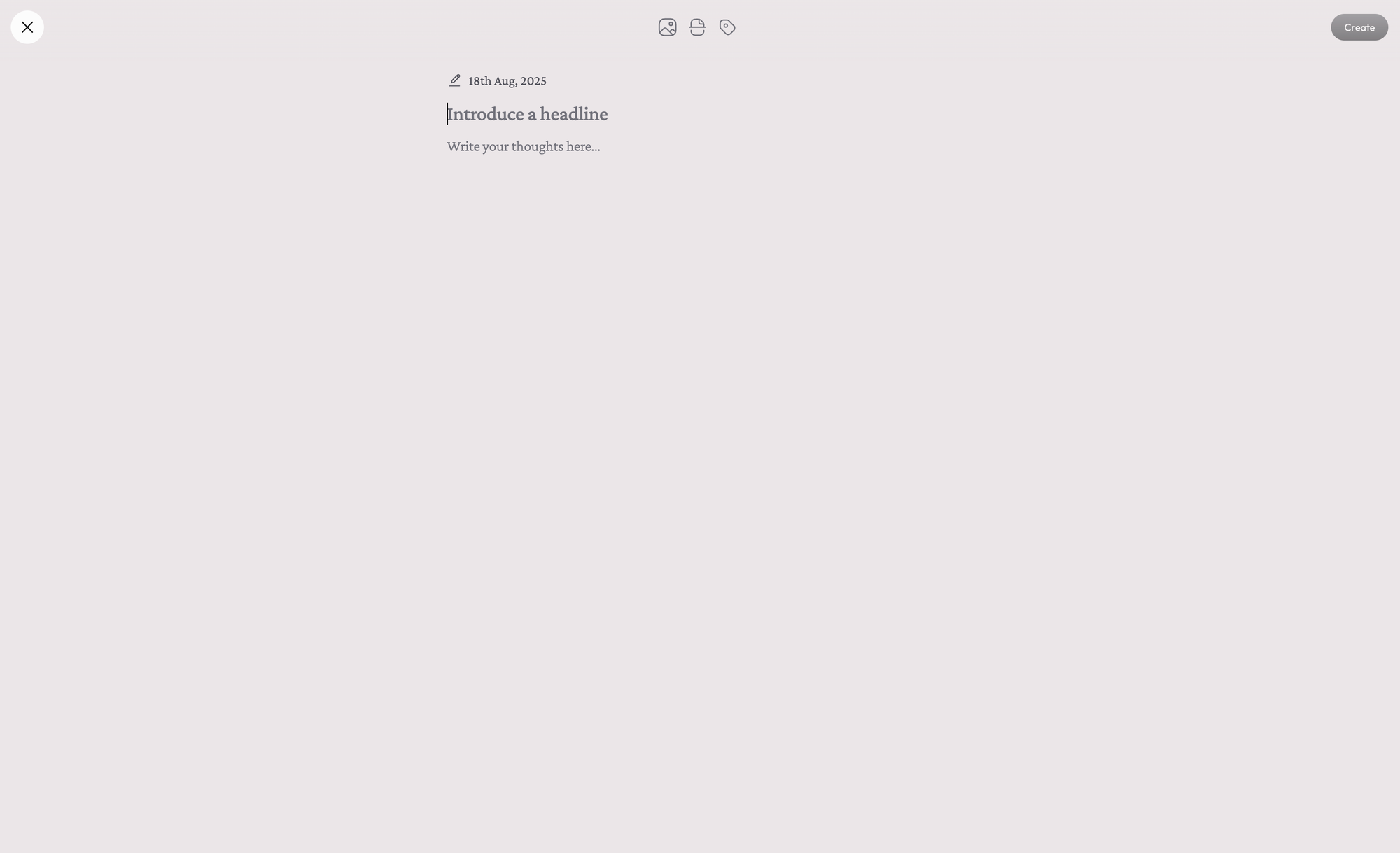 Screenshot of a blank note-taking interface dated August 18, 2025, with a prompt to 'Introduce a headline' and an empty text field below.