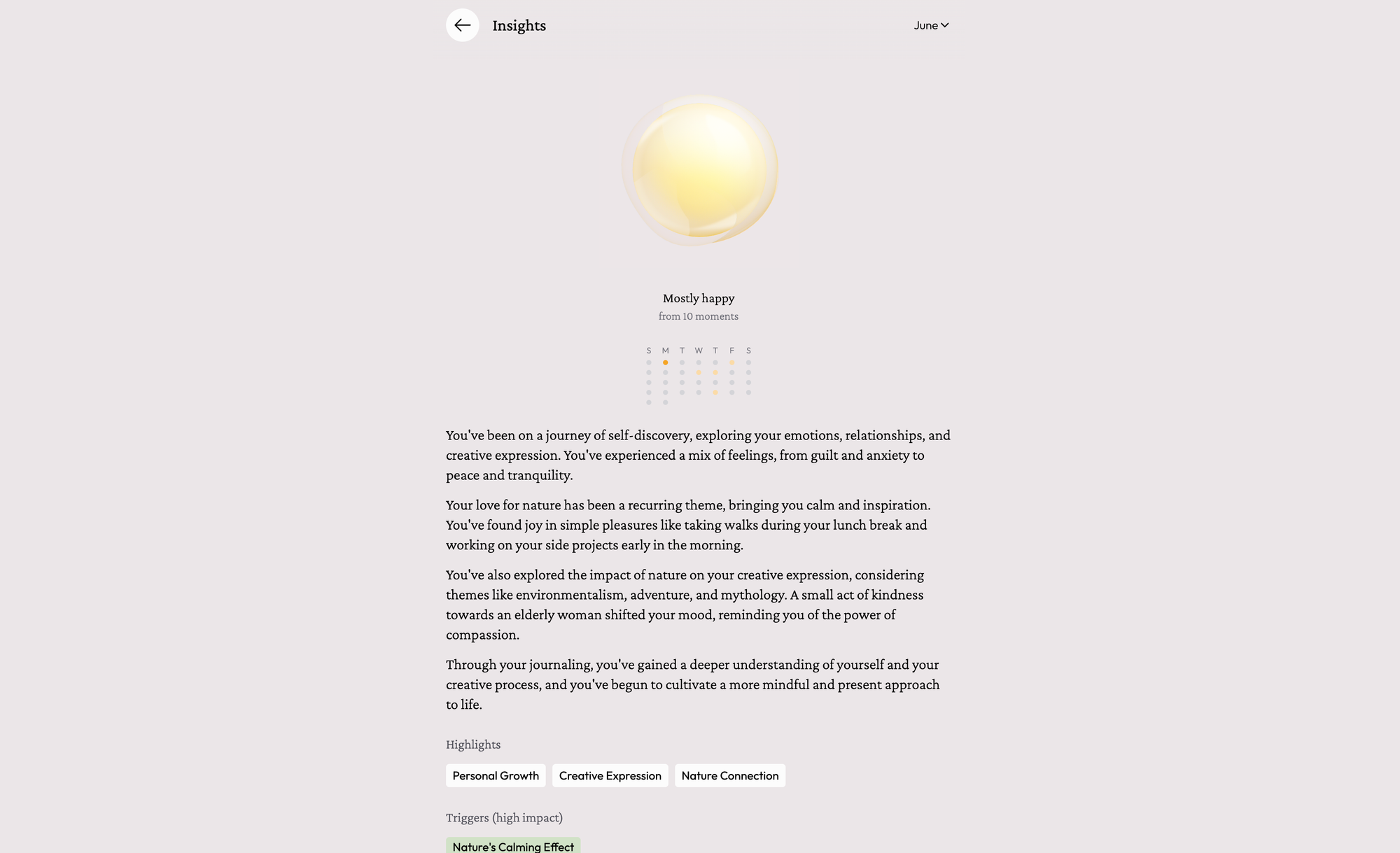 Screenshot of the Almus app’s Insights page for June, showing a summary of the user’s emotional and creative journey. The page indicates the user was ‘Mostly happy’ based on 10 moments recorded. The text reflects on themes of self-discovery, the impact of nature on creativity, and personal growth. Highlights include personal growth, creative expression, and nature connection, with ‘Nature’s Calming Effect’ noted as a high-impact trigger.